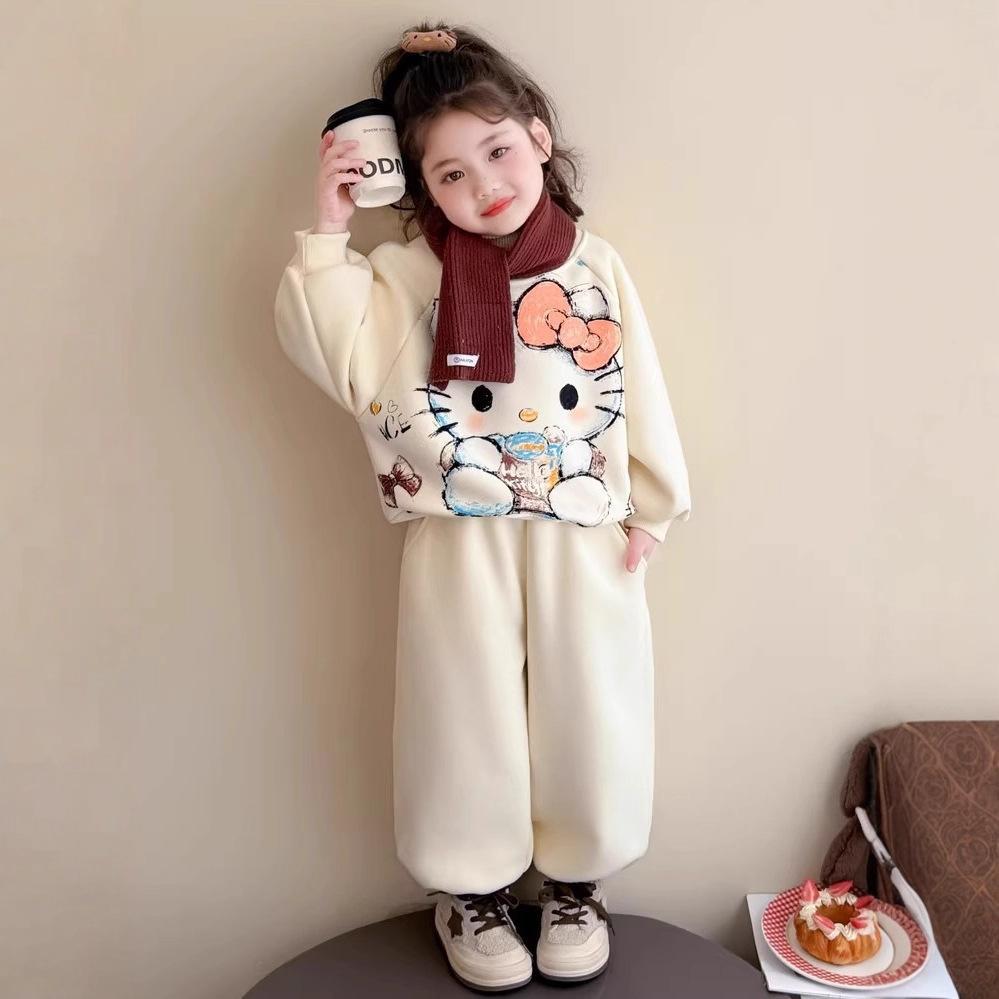 Uroczy dziewczęcy komplet pluszowej bluzy z kapturem i spodni z nadrukiem kota KT - Jesień/Zima Styl koreański, Ciepły dwuczęściowy