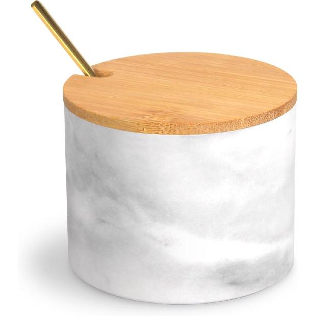 Marble Salt Cellar Box with Bamboo Lid & Metal Spoon, Modern Stone Salt or Pepper Sugar Spice Seasoning Bowl Container Jar Holder Well Keeper Dish