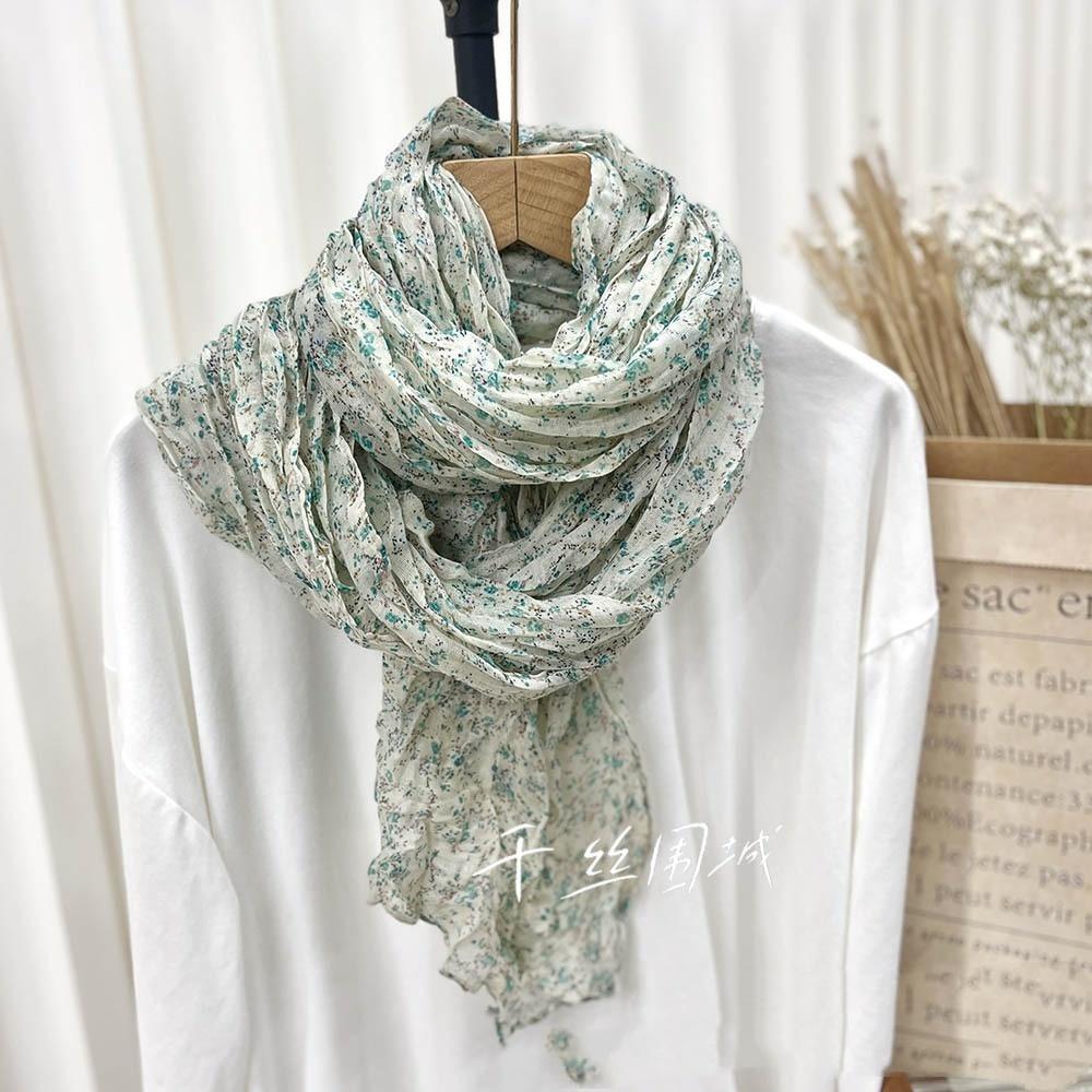 New Retro Literary Imitation Cotton And Linen Pleated Thin Versatile Shawl Small Floral Scarf Yarn Japanese Fashion Trend