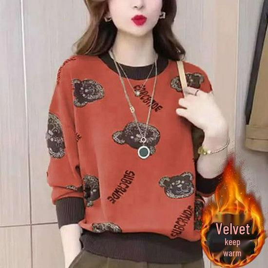 Women's Plush Little Bear Printed Base Layer Top - Warm, Loose, Plus Size, Autumn/Winter Style