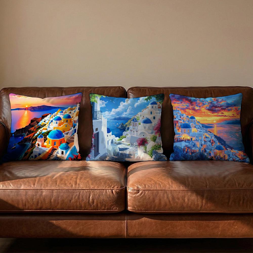 Santorini Landscape Cushion Cover Soft Reversible  Durable Pillow Cover  MultiScene Use for Home  Car Daily Comfort
