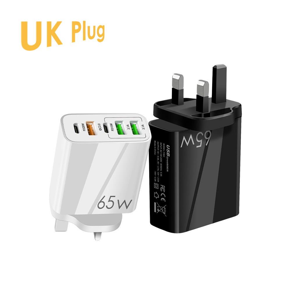 Dual Type-C & Triple USB Multi-Port Charger QC3.0 + PD, 65W Fast Charger for Mobile Phone.