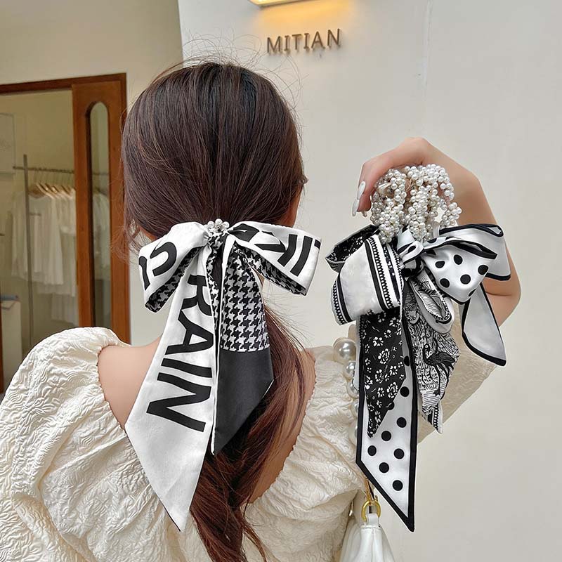 Fashion Pearl Scrunchies Ties Satin Long Ribbon Ponytail hair bundle Silk Floral Summer Hair Bands Accessories For Women Girls