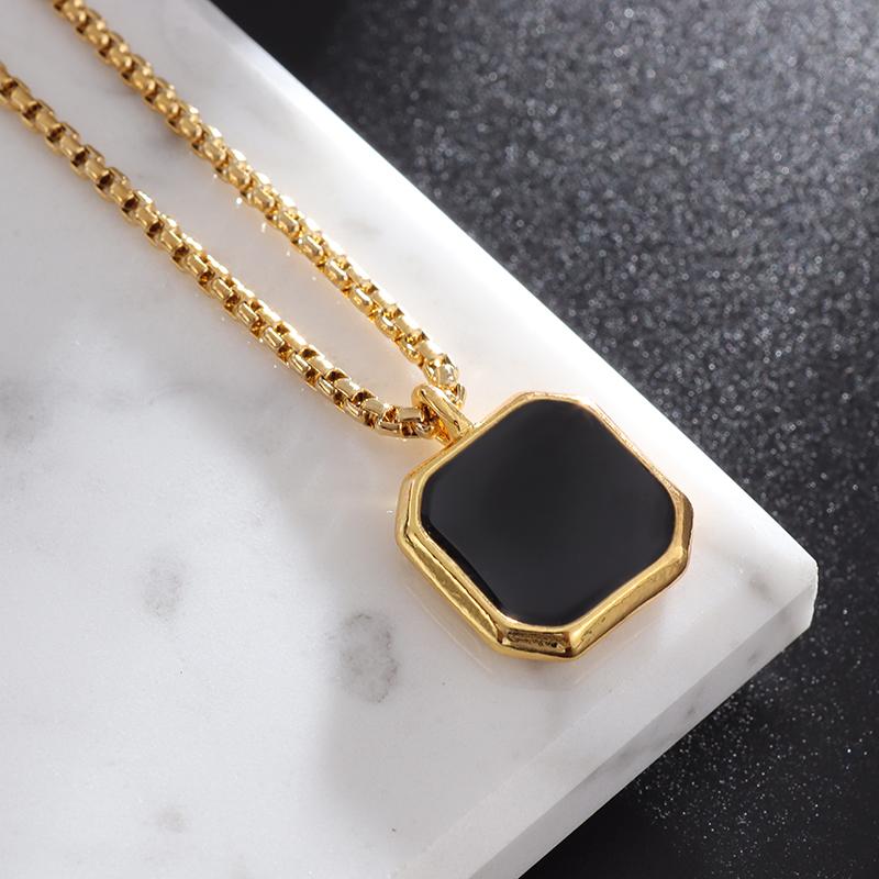 Stainless Steel Classic Geometric Polygonal Black Square Natural Stone Necklace Pendant for Men Fashion Casual Punk Jewelry Gift