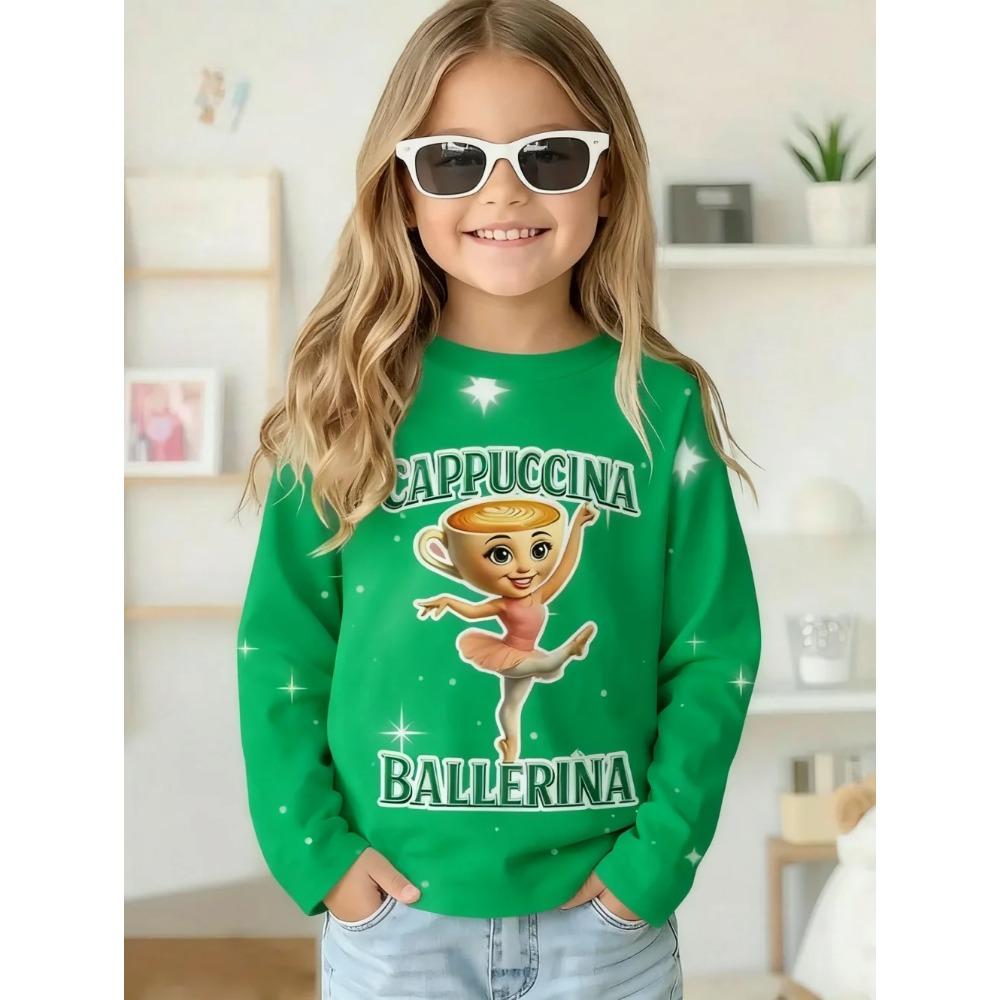 Spring and Autumn Round Neck 3D Cappuccina Ballerina Printed Top Fashionable Casual Long Sleeved Children's Girl T-shirts