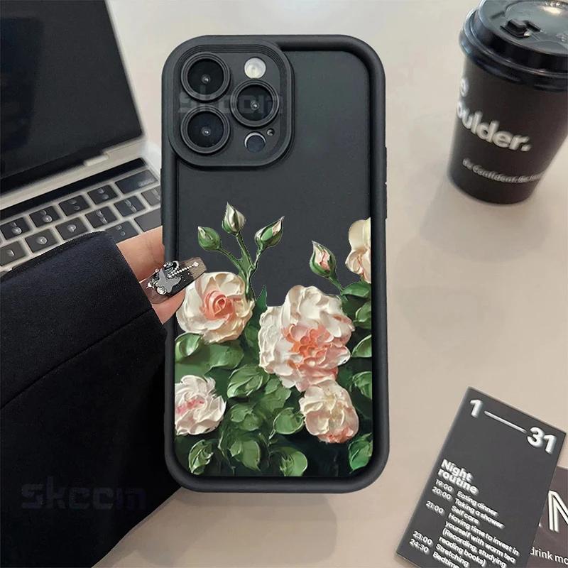 Oil Painting White Rose Flower Silicone Phone Case For iPhone 15 14 13 12 11 Pro Max XS X XR 7 8 Plus Shockproof Soft Cover