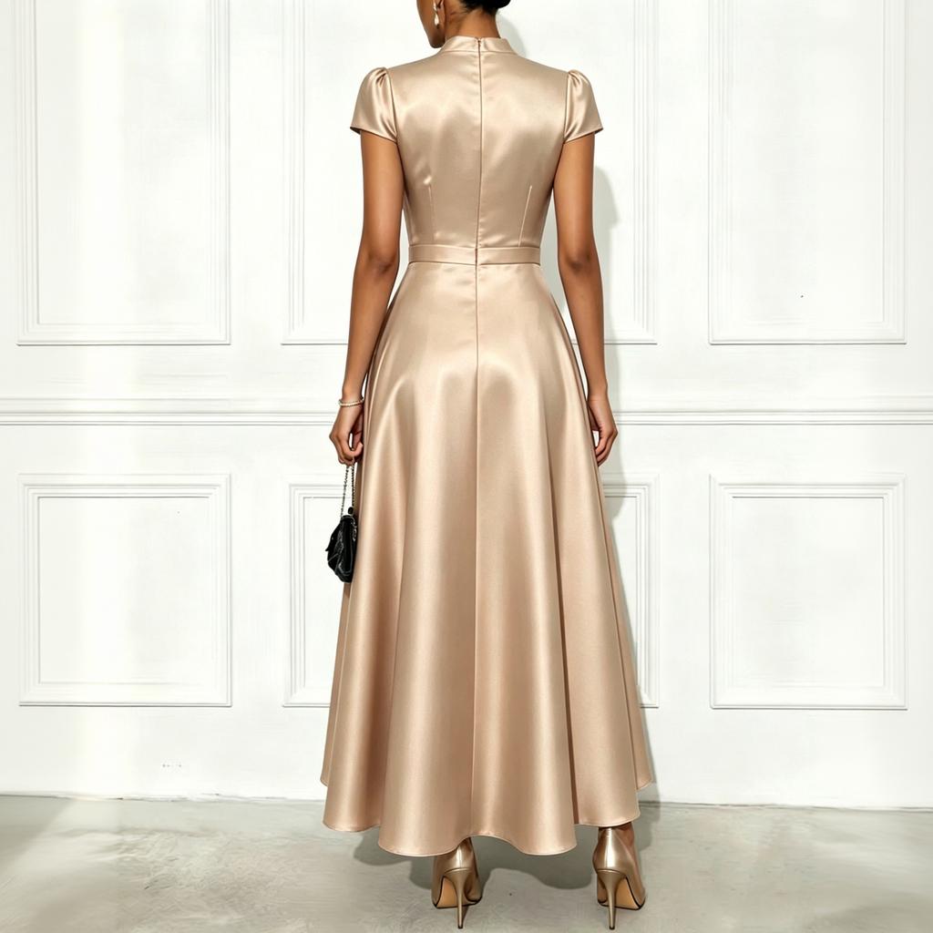 Women's V-Neck Short Sleeve Color Satin Dress with Waist Definition and Flared Hem
