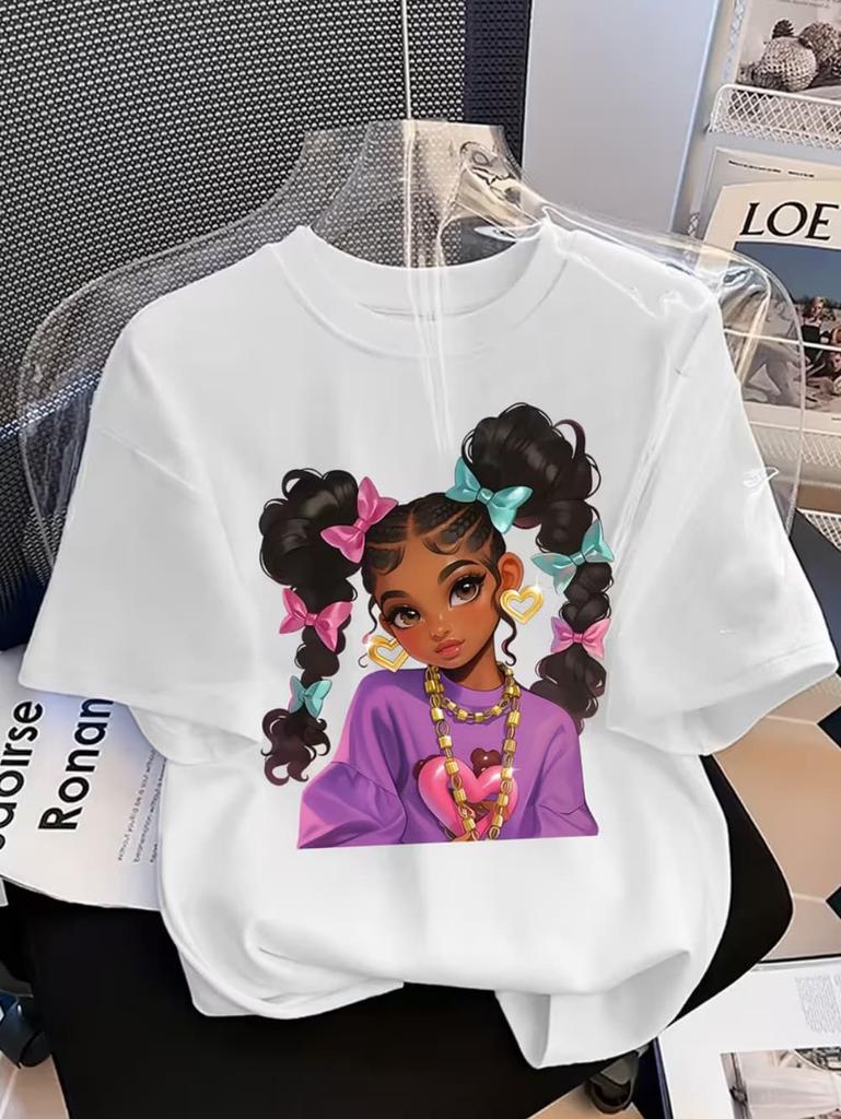 Girls' Summer Crew-Neck Short-Sleeved Top New Black Girls Cute Top Girls Clothes Cartoon Print T-Shirt Top Children's Clothing