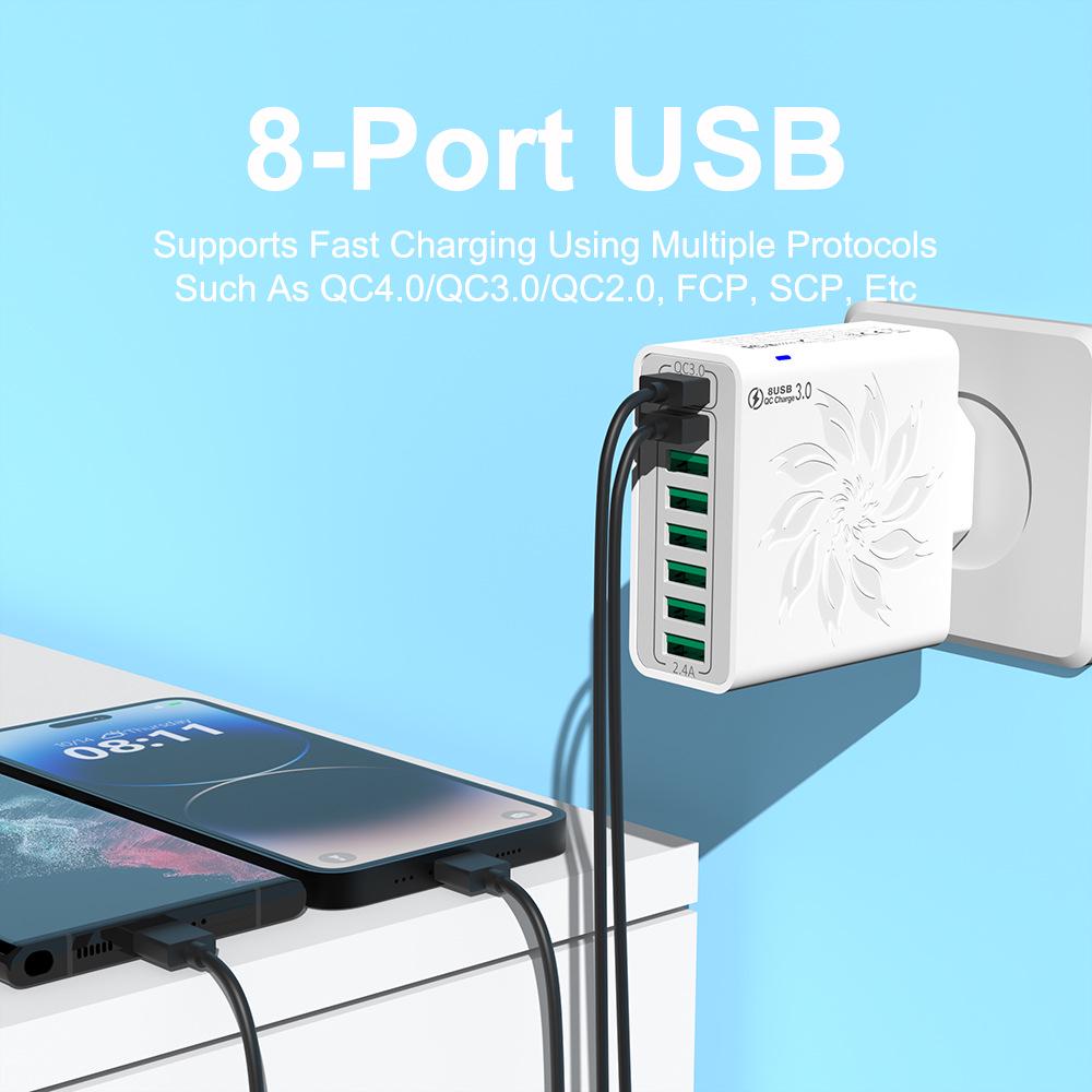 QC3.0 8-Port USB Fast Charger: 30W High Power, Colorful Flower Design, Compatible with US, European, and Korean Standards