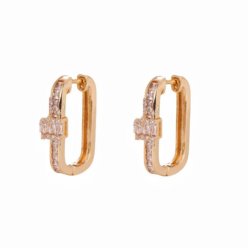 European & American Fashion U-Shaped Copper Gold/Silver Zirconia Earrings, 14K Ear Hoops