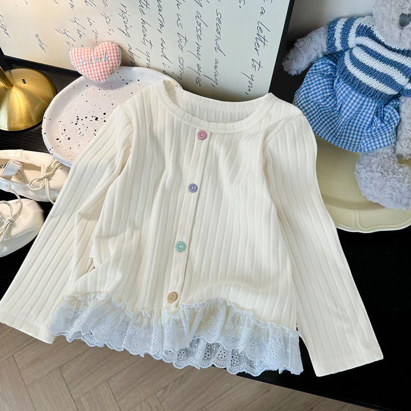 

Spring Girls Lace Trim Colorful Button-Up Long Sleeve T-Shirt 90