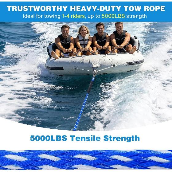 Heavy Duty Boat Tow Harness for Tubing, Self Centering 1-4 Riders, 360° Rotating Pulley, Floating Tube Rope