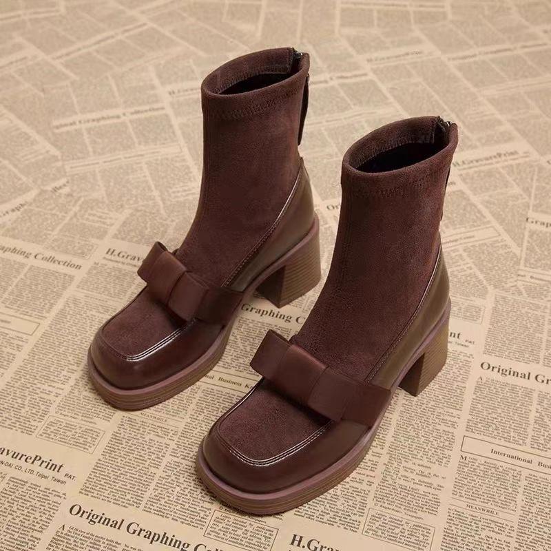 Fashion 2024 Bow Suede Women's Ankle Boots High Heel Square Toe Fashion Boots Women's Trendy Winter New High Heel Boots