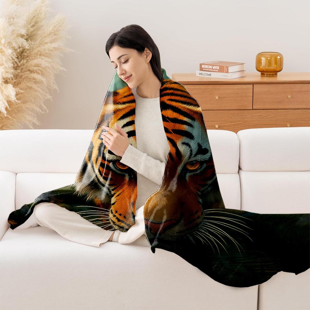 1pc Bengal Tiger Print Flannel Blanket - Luxurious Plush All-Season Bedspread with Realistic Tiger Face & Jungle Design, Soft Wa