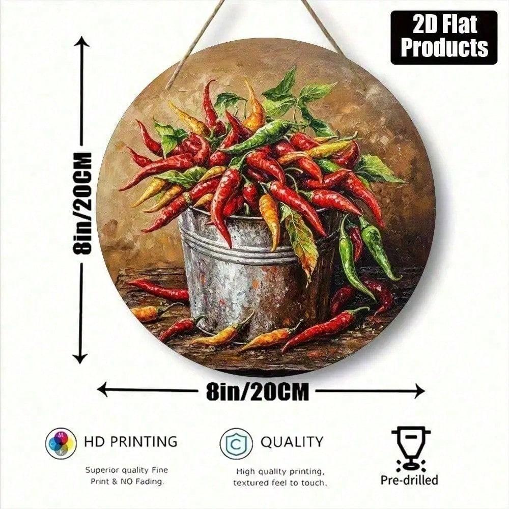 Red Round Chili Pepper Tin Sign, Metal Poster for Kitchen Wall Decor