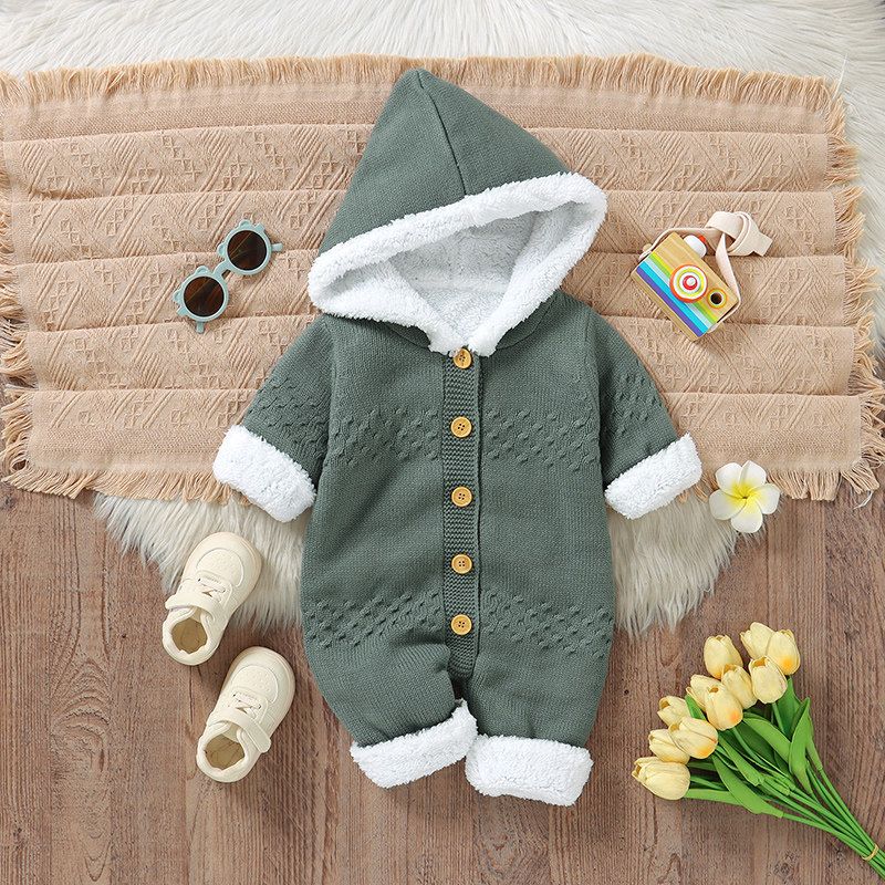 Infant and Toddler Solid Color Fleece-Lined Hooded Knitted Long-Sleeved Romper Jumpsuit Green 62