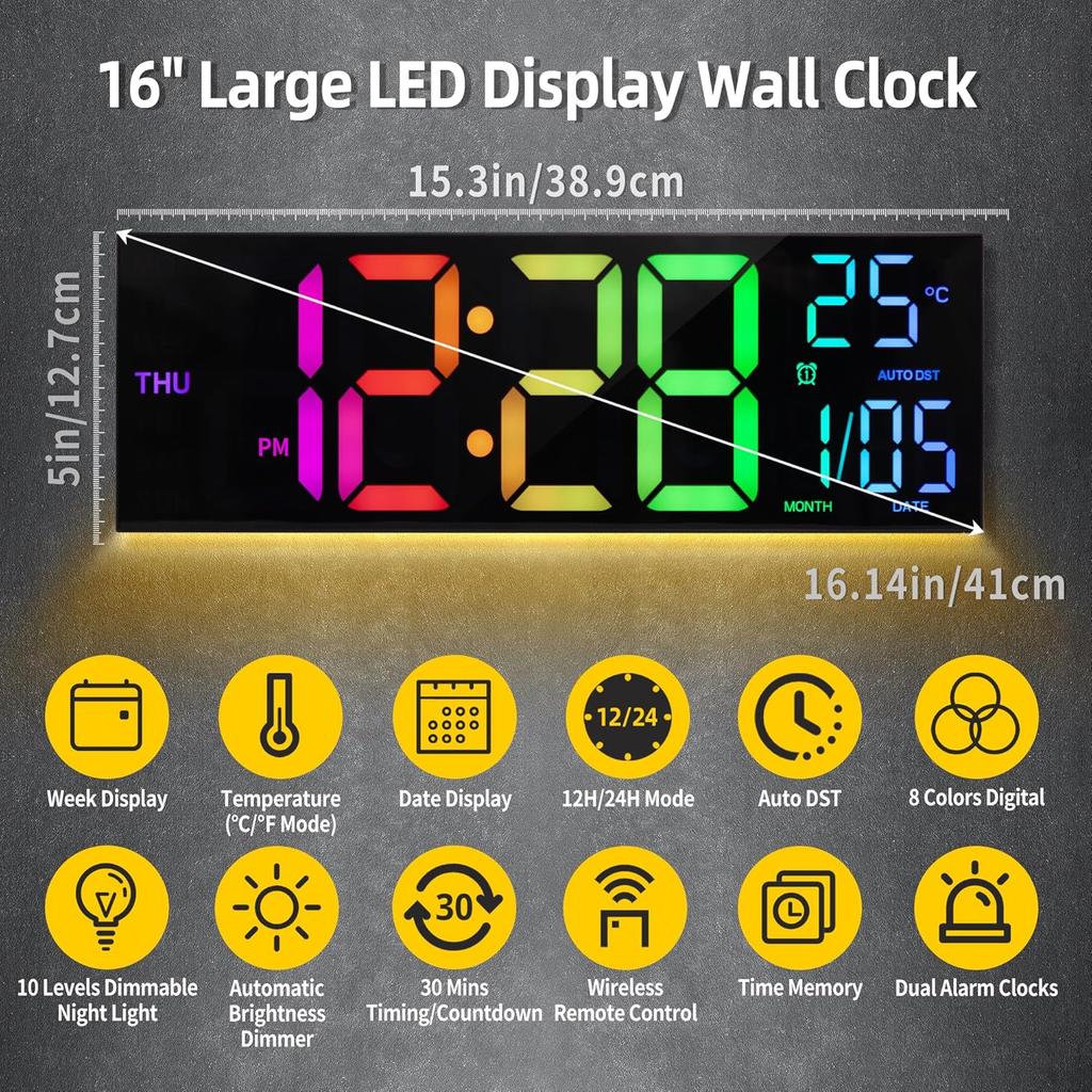 8 Colors Digital Wall Clock, 16.2" Large Digital Clock with Temperature, Date, Auto DST, Night Light, Auto Brightness Dimmer, 24/12-hour Wall Clock