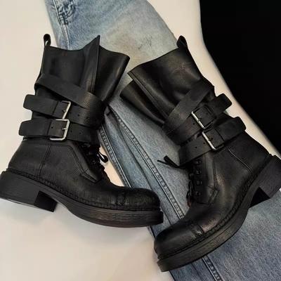Cowhide Niche Leather Retro Mid-range Western Boots Women's Thick Heel Handsome Locomotive Boots Martin Boots Thin Knight Boots