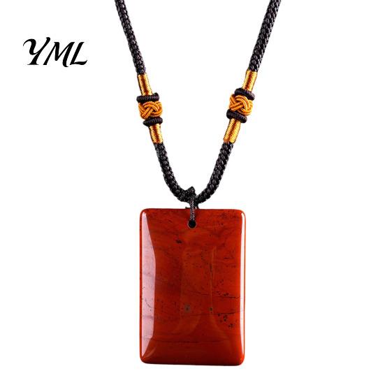 Rectangle Faux Gemstone Necklace Natural Crystal Pendant Necklace, Healing Energy Stone with Adjustable Polished Braided Rope, Fake Jewelry