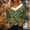 Women's Long Sleeve Christmas Print V-Neck Top with Plush Collar for Winter