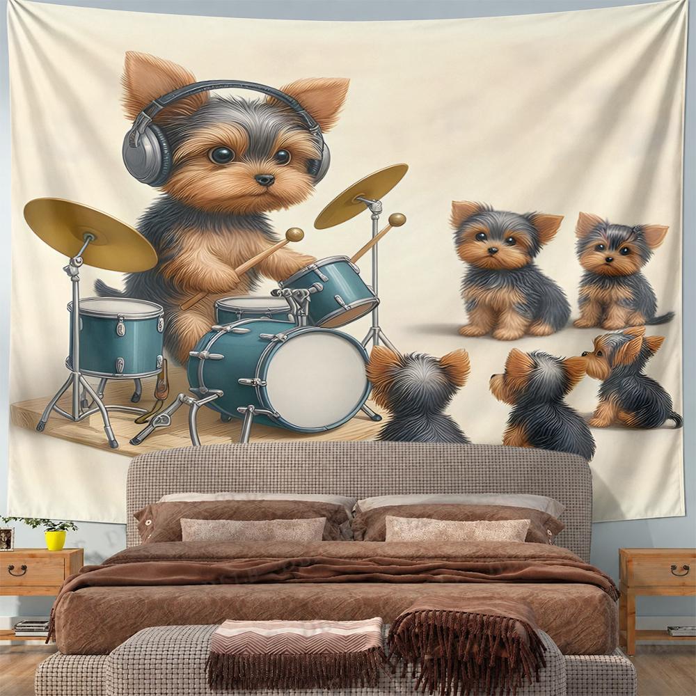 Funny Wall Tapestry Yorkshire Terrier Puppy Playing Drums with Headphones Music Band Decor for Kids Room Studio Gift