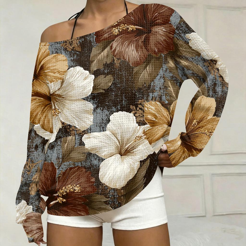 Women's Casual Retro Floral Print Off Shoulder Long Sleeve Loose Fit Sweatshirt with Pockets
