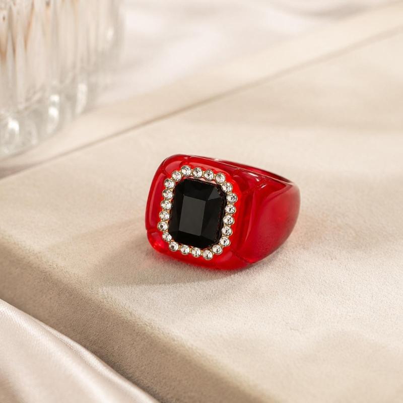 See-Through Resin Fashion Ring with Bold Square Profile, Raised Faceted Centerpiece and Accent Border for Outfit Styling