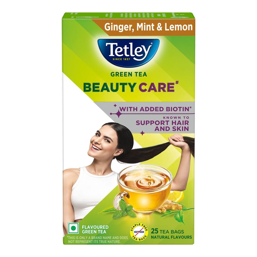 Tetley Green Tea Beauty Care, With Added Biotin, Supports Hair and Skin, 0 Calories, Natural Ginger, Mint and Lemon Flavors, 25 Sachets (1.7 g each)