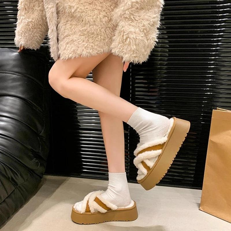 Fashion Wool Slippers Women Autumn and Winter Wear Extra Thick Platform Heightened Slippers