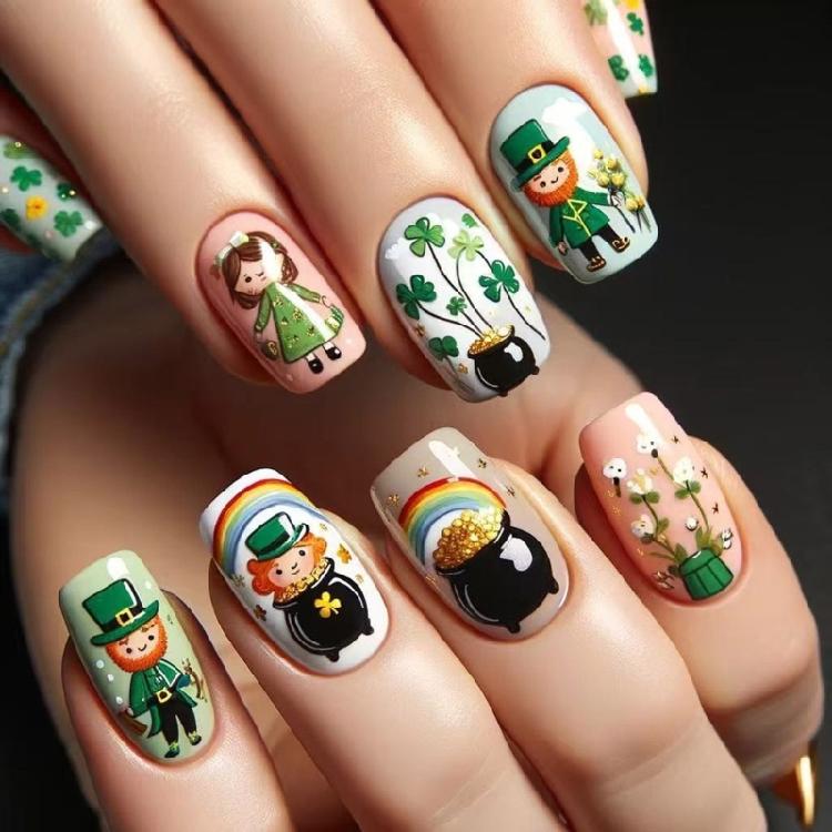 Square Nail Tips Fake Nail Glues On Nail Stick On Nail Saint Patrick’s Day Press On Nail Artificial False Nail for Women 1