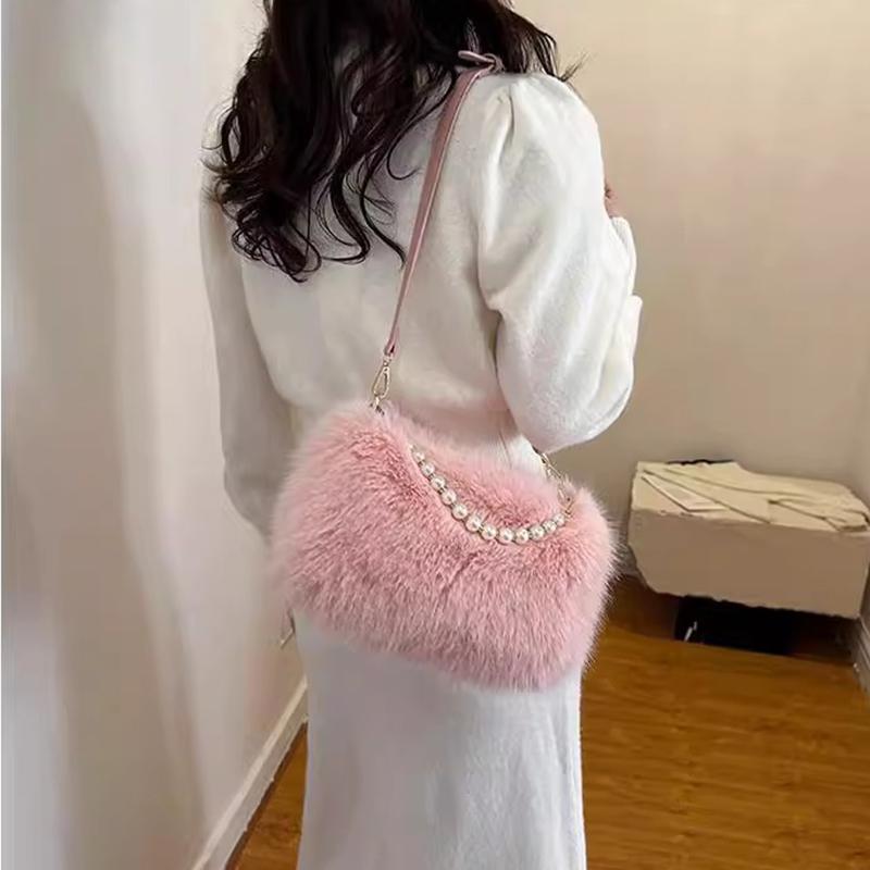 Yogodlns Winter Fashion Women's Faux Fur Shoulder Bags Candy Color Pearl Handle Crossbody Bag Small Fluffy Female Pillow Handbags