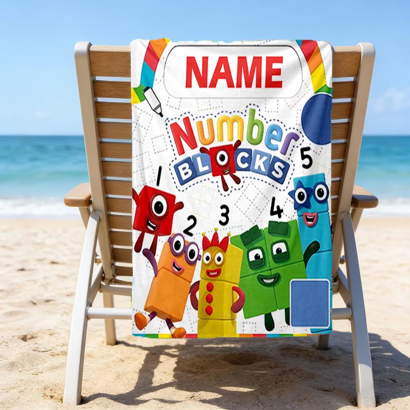 1pc 3D-Number-Blocks-Cartoon Beach Towel with Custom Name, Beach/Swimming/Bath/Picnic/Camping Towel, Suitable for Seaside Beaches
