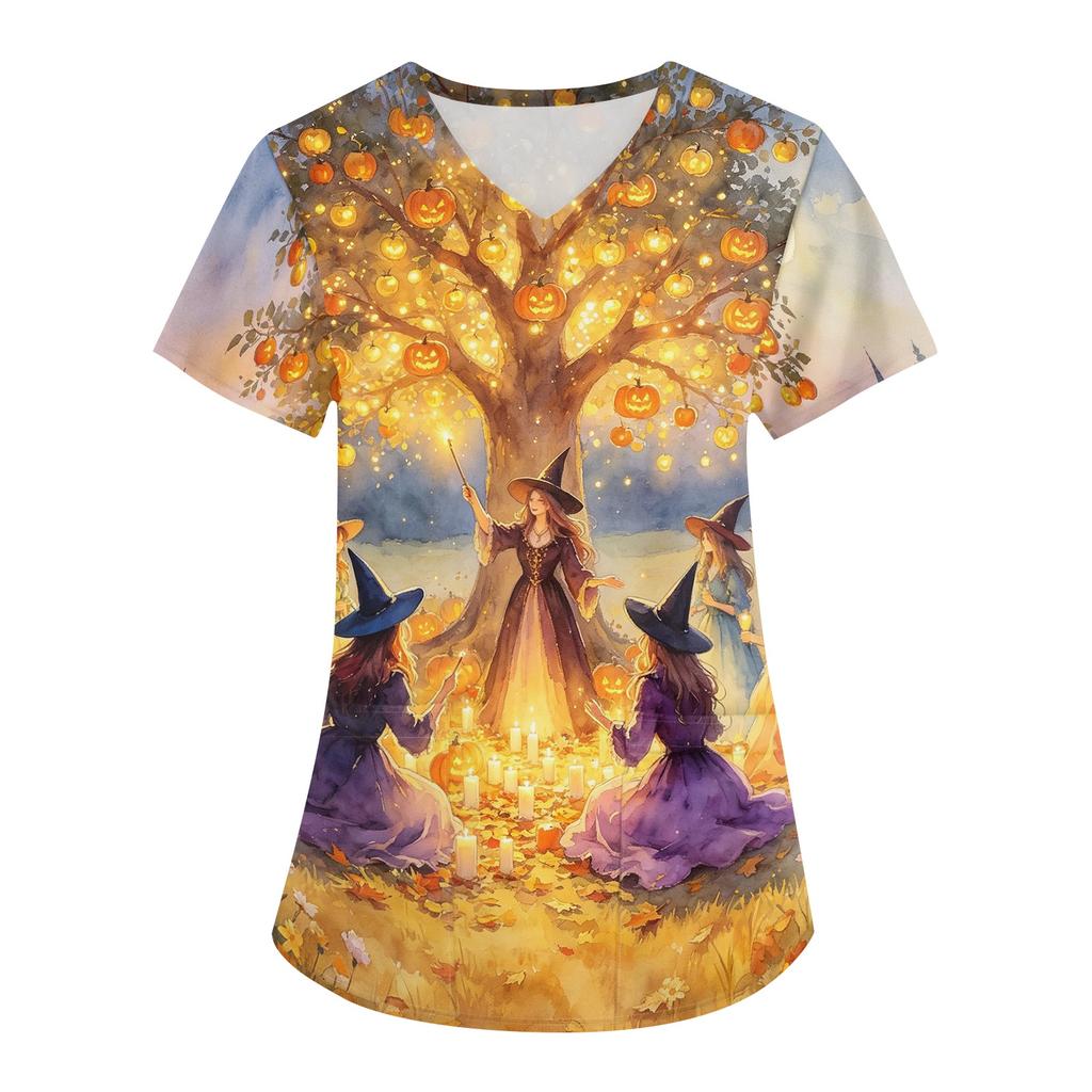 Women's Halloween Printed V-Neck Short Sleeve Scrub Top with Pockets