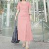 ZANZEA Women Casual Square Collar Short Sleeve Summer Long Dress