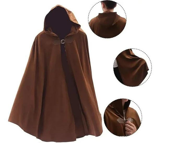 Medieval Hooded Cloak with Round Buckle and Green Leaf Brooch Necklace