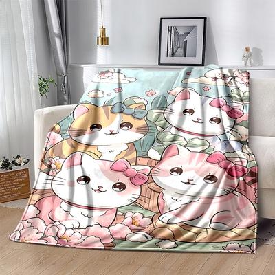 1pc Cartoon Cute Four Kittens Blanket Room Decor, Soft Bedding Cover, Living Room, Travel, Camping, Car Blankets, Beach