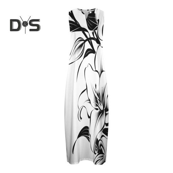 Women Summer Dress V-neck Sleeveless Floral Print Maxi Dress with Pockets Loose Fit Flowy Long Sundress