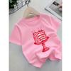 European Sizes Girls' White Short Sleeve T-Shirt with Cute Cherry & Layered Cake Print - Summer Party Outfit, Round Neck Top For, Casual Playwear