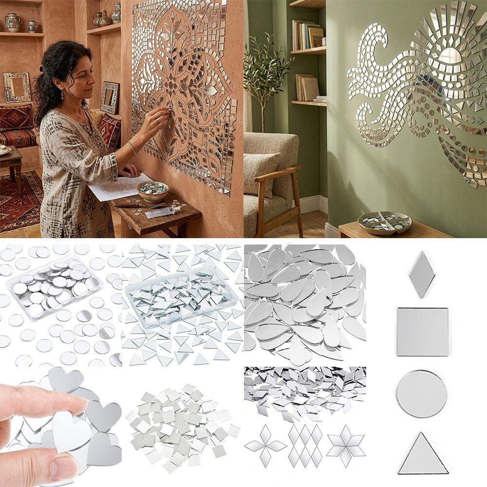 200PCS Multi Shape DIY Craft Mirror Stickers Acrylic Round Square Triangle Mirror Tiles Decals Adhesive Backing 2.5cm
