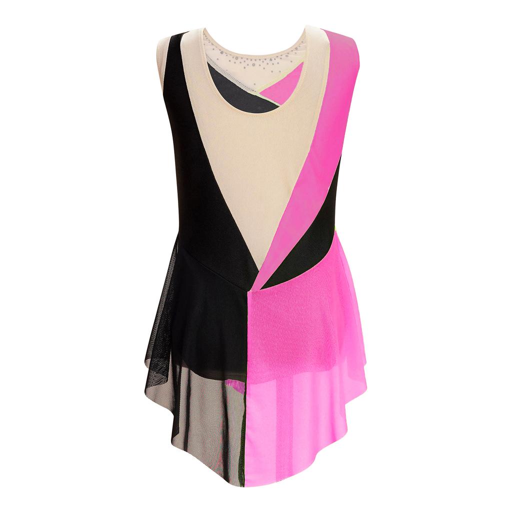 Κοριτσίστικο Λαμπερό Στρινγκ με Στρας Χρωματική Μπλοκ Διχτυωτό Κομμάτι Αμάνικο Μποτιέ Χορού Γυμναστικής