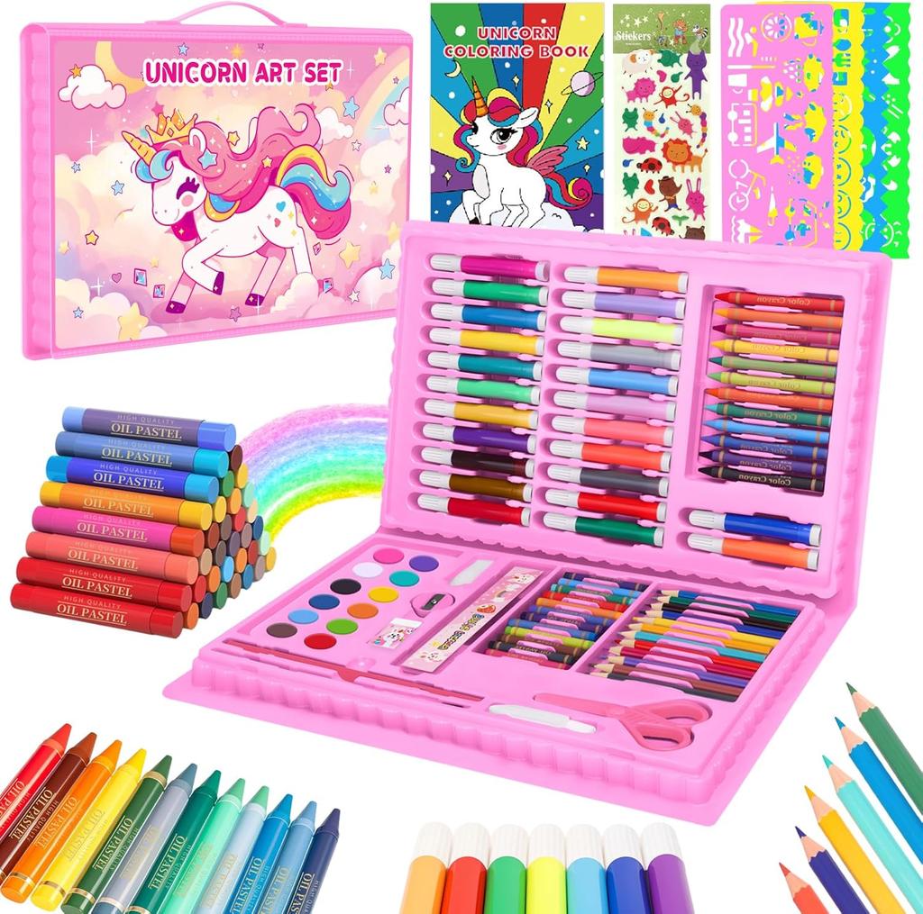 Coloring Book Set for Kids, Dinosaur Drawing & Coloring Set with Crayons, Colored Pencils, Markers, Sketchbook, Watercolor Cakes