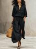 Completo 2 Pezzi Donna Bohemian Tinta Unita Collo a Revers Manica 3/4 Gonna a Vita Alta con Spacco