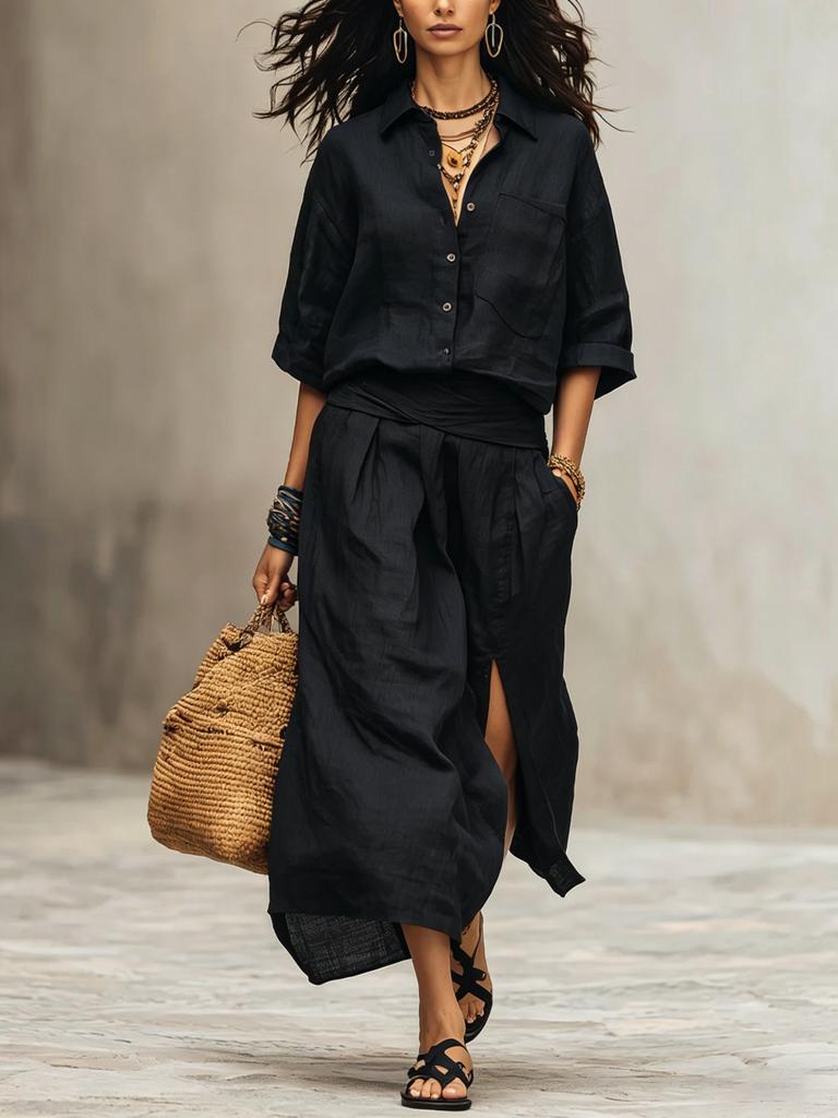 Completo 2 Pezzi Donna Bohemian Tinta Unita Collo a Revers Manica 3/4 Gonna a Vita Alta con Spacco