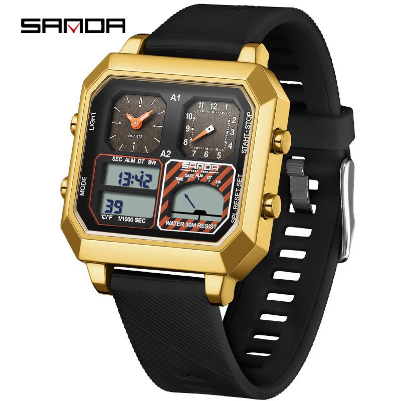 SANDA 6210 Men's Electronic Watch Square Multifunctional Temperature Date TPU Strap Digital Display Wrist Watches for Male
