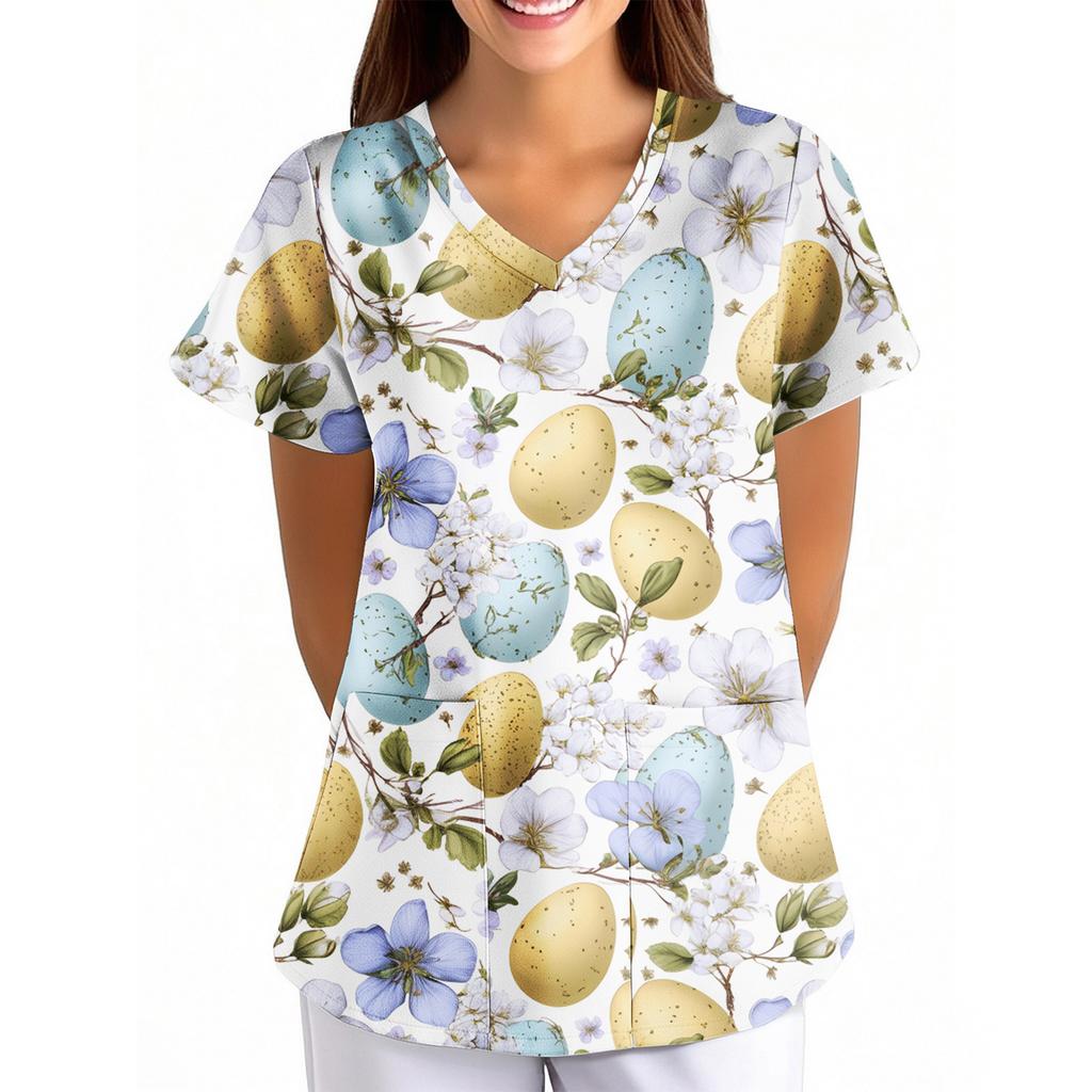 Women's Easter Print Loose V-Neck Pocket Short-Sleeve Caregiver/ Uniform