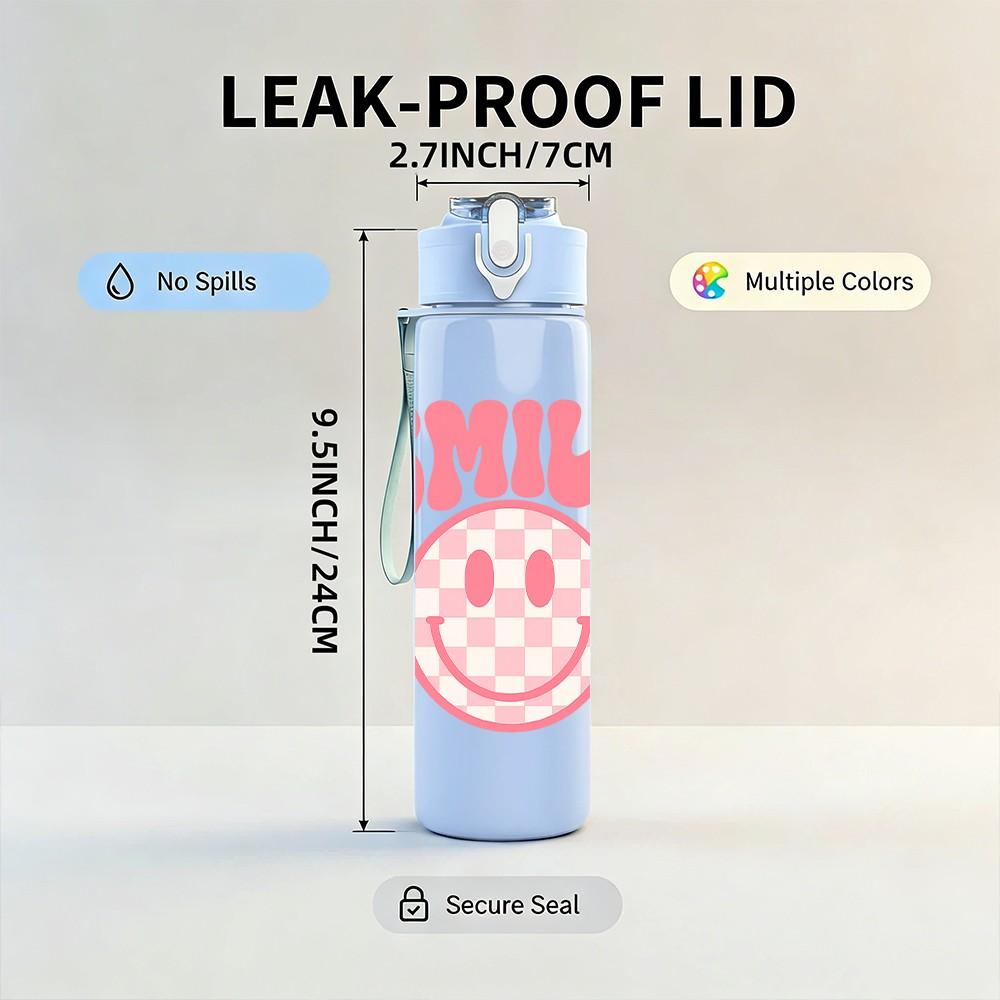 1PC Checkered Smile SMILE Letter 750ml Color Plastic Sports Water Bottle Leakproof Flip Straw Lid Suitable for Sports Office Home Use