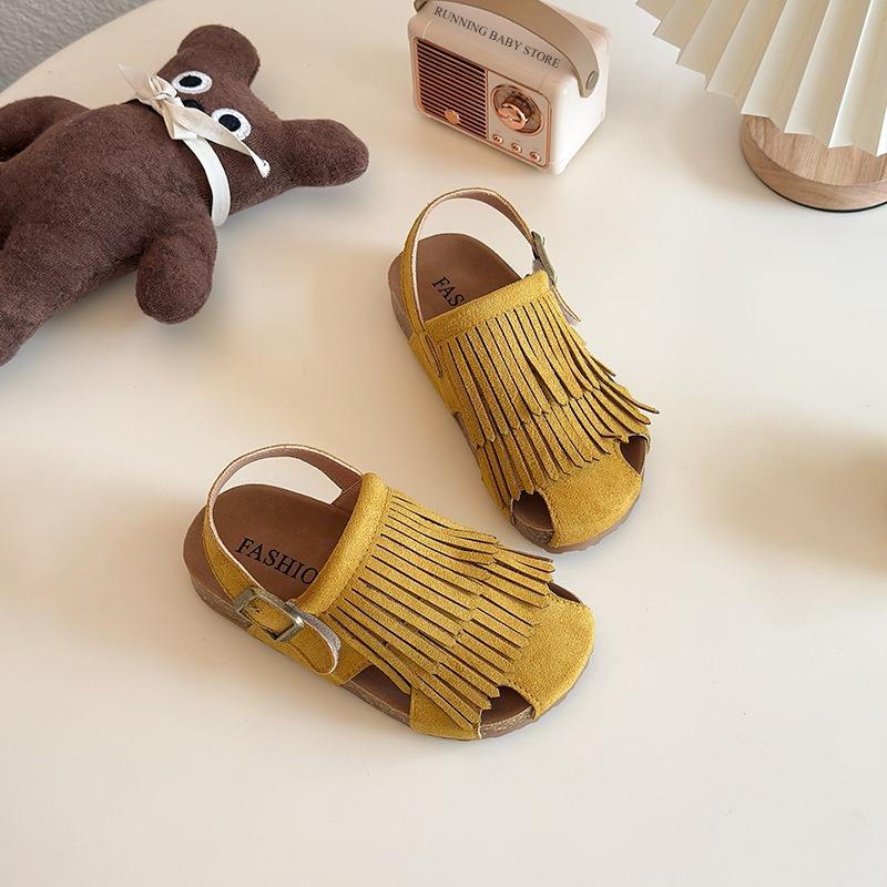 

Summer Peep Toe Tassel Children Shoes Girls Sandals Soft Bottom Flat Heel Buckle Girl s Shoes Back Strape Slingbacks Shoe I05285 23 жовтий