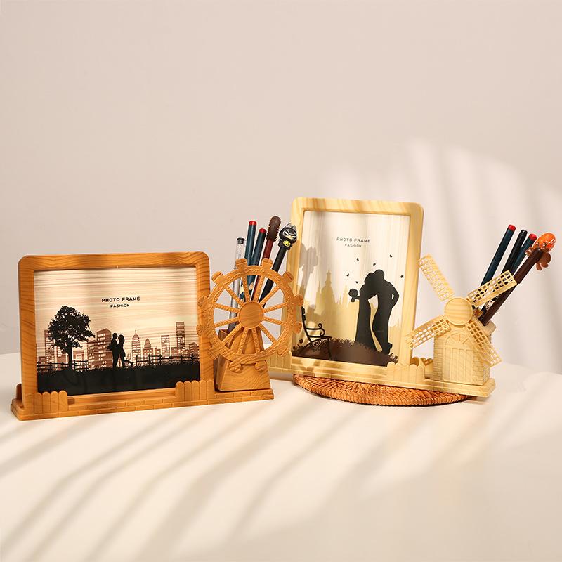 7-inch Windmill Ferris Wheel Photo Frame Desktop Pen Holder Imitation Wood Grain Home Decoration Desktop Ornaments Holiday Gifts