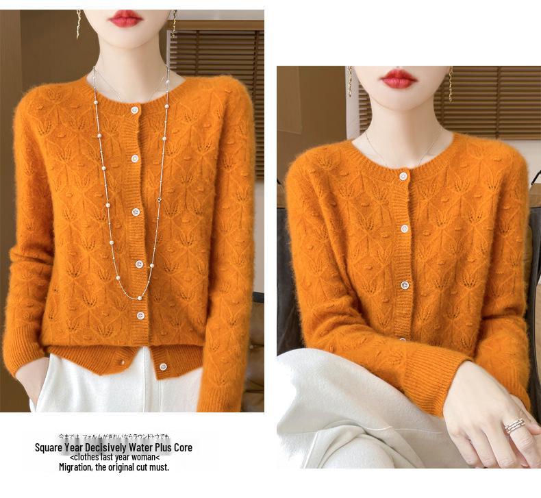 2024 Early Autumn Women's Merino Wool Round Neck Knit Cardigan with Hollow Details