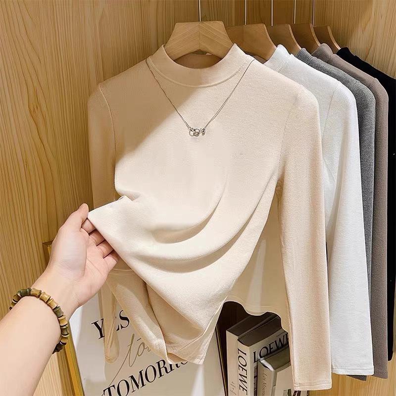 Women's Long-Sleeve Casual T-Shirt - Stylish Thick Warmth, Half-High Collar for Autumn/Winter 2026 Trend